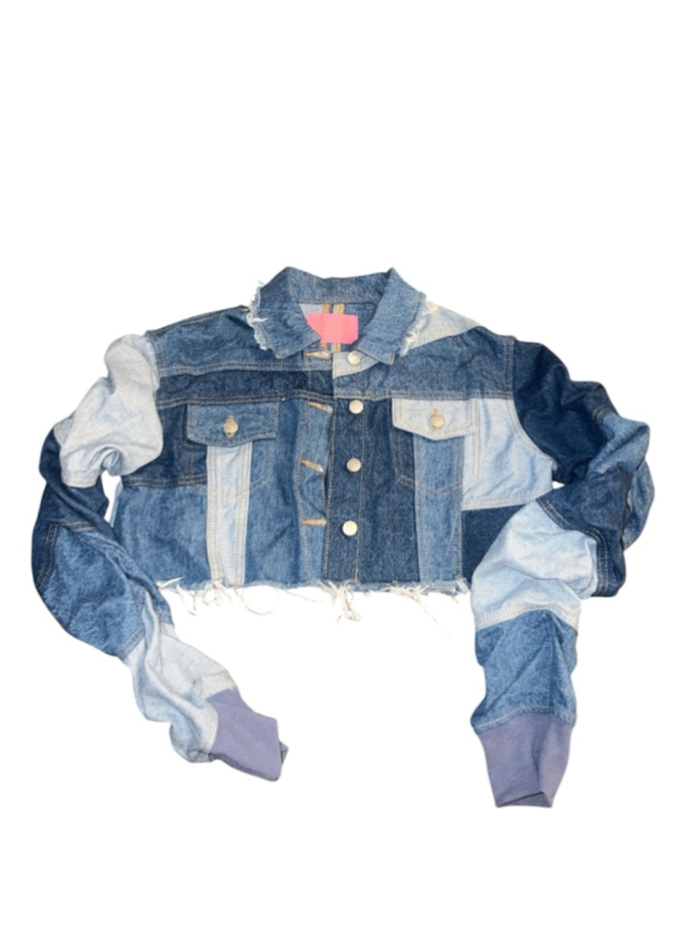 Azalea Wang denim patchwork distressed crop jacket. (M) NWOT